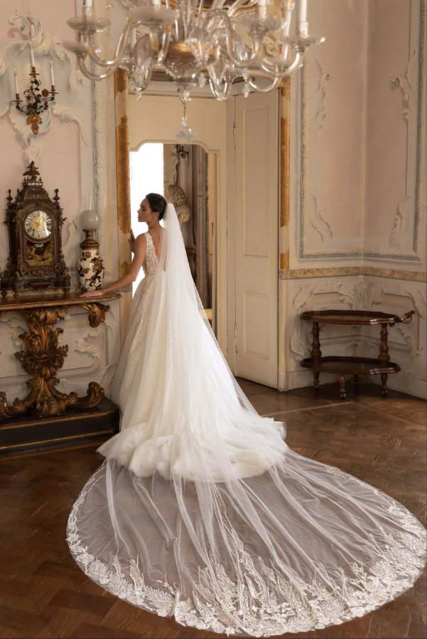 Ernesta 3284 A-Line Wedding Dress – Glitter Lace Gown with Double V-Neckline & Flowing Skirt